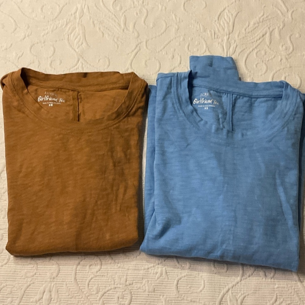 J. Crew Girlfriend Tee’s. Bundle: Brown S/S and Blue L/S. Nearly New. XS